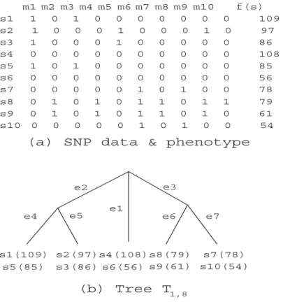 Figure 2.1: Example: a SNP dataset and a perfect phylogeny tree the two markers, at most three of them occur.