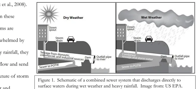 Figure 1.  Schematic of a combined sewer system that discharges directly to  surface waters during wet weather and heavy rainfall