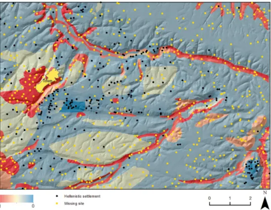 Fig. 4 – Trend surface created for the allocation of missing sites (probability from 0 to 1), and the  simulated “complete” early colonial settlement distribution (262 recorded settlements plus 600  missing sites, therefore 862 sites in total)