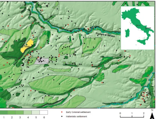 Fig. 1 – Hellenistic settlement distribution and visibility map (based on Marchi, Sabbatini 1996,  107; graphic elaboration by the author)