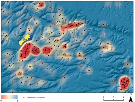 Fig. 2 – Kernel density surface calculated for the Hellenistic settlements. The legend indicates the  number of estimated sites in a circle of one square km from each cell (resolution 10×10 m)
