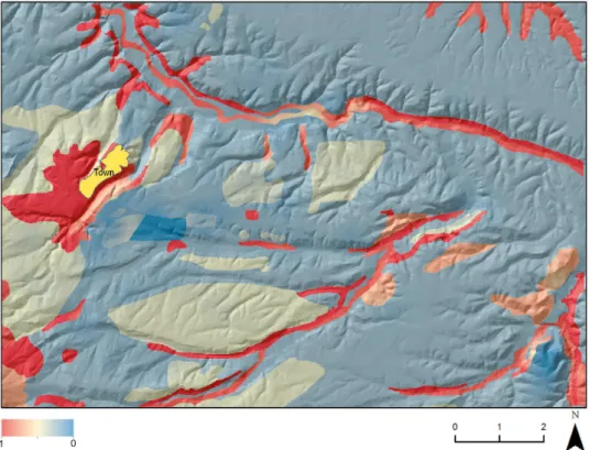 Fig. 3 – Trend surface created for missing site allocation. The legend indicates the probability for  the allocation of missing sites and ranges from a minimum of 0 to a maximum of 1