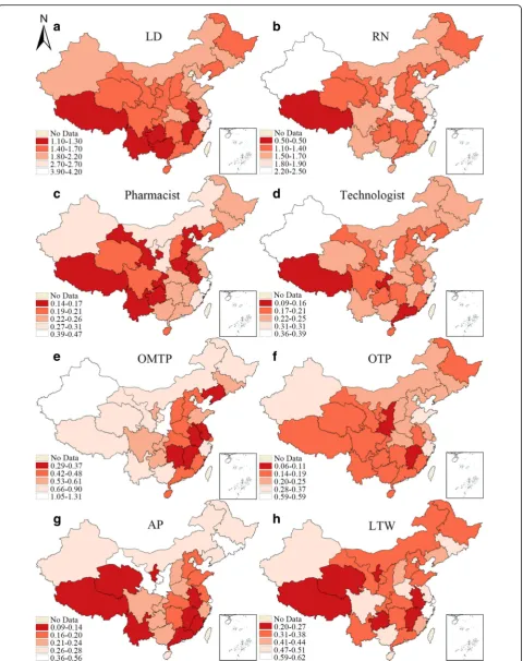 Fig. 5 Hierarchy maps of the HWD of 8 subtypes of rural health workforce in 2016. (a-h represent different subtypes of health manpower, whichhave been specified on the maps, the same above)