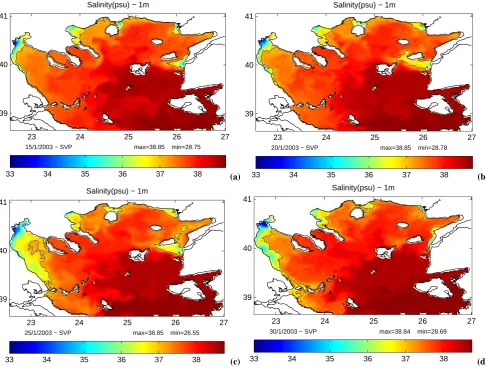 Fig. 11. Daily averaged, model simulated near surface salinity from the N. Aegean model (NAS Case III) on (a) 15/1/2003; (b) 20/1/2003;(c) 25/1/2003 and (d) 30/1/2003; the contour line marks the 37 isohaline.
