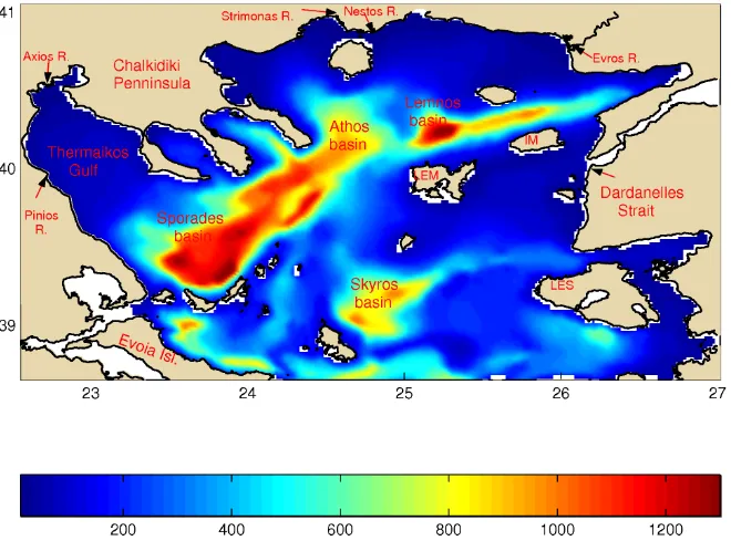 Fig. 1. The bathymetry of the North Aegean Sea (NAS) model, sub-basins and rivers. LES: Lesvos island; LEM: Lemnos island; IM: Imrozisland.
