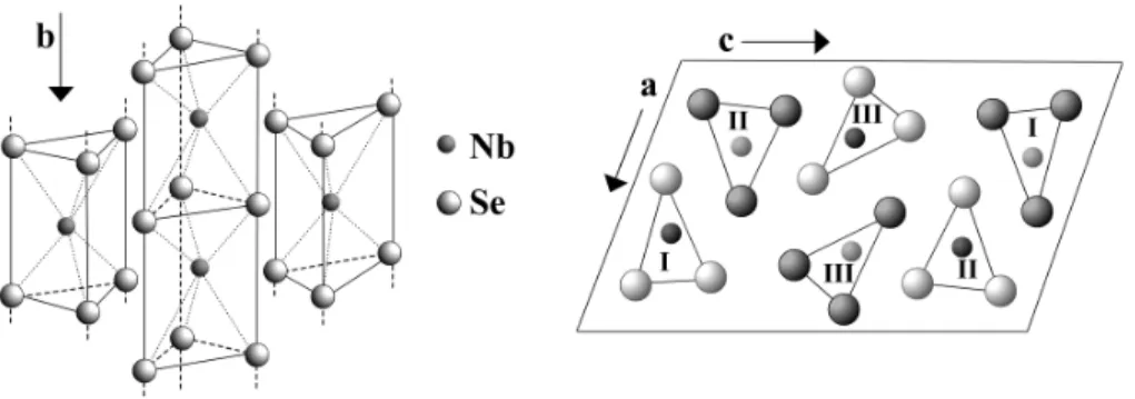 Fig. 1.5: The chain structure of NbSe 3 . The unit cell of NbSe 3 has three types of chains (I, II, III)