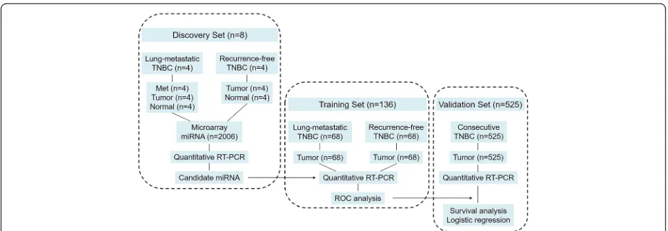 Fig. 1 Clinical study design. Met Lung metastasis, Tumor Primary breast carcinoma, miRNA MicroRNA, Normal Normal adjacent breast tissue, RT-PCR Reverse transcription polymerase chain reaction; TNBC Triple-negative breast cancer