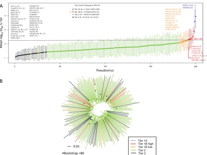 Fig 3. Geometric mean titer and tier 1A and 1B classification (n = 200). (A) Viruses are rank ordered according to neutralization sensitivity to 30 clade C chronic infection serum samples, from the least sensitive to the most sensitive along the x-axis by 