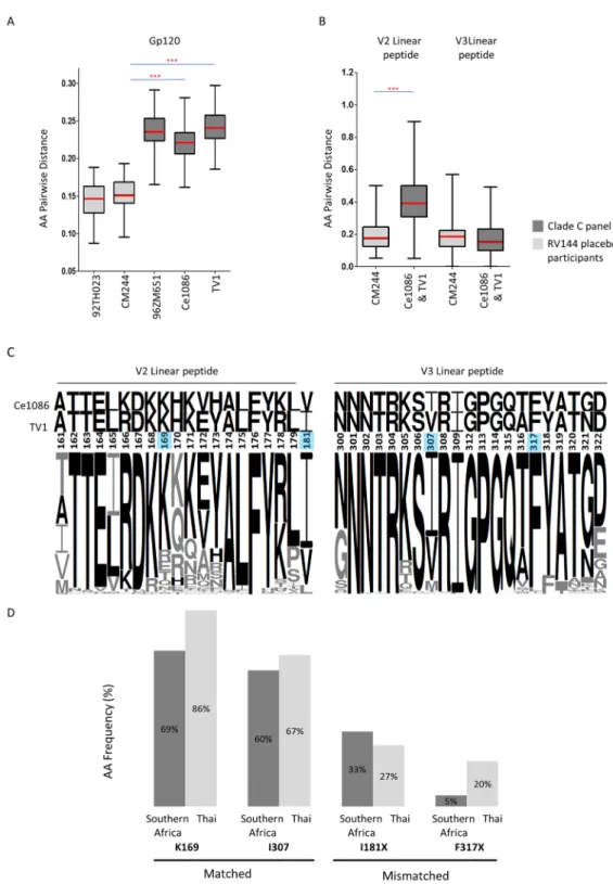 Fig 8. Relationship of clade C acute/early panel env genes/envelope proteins (n = 200) to clade C candidate vaccine strains compared to the relationship of CRF01_AE breakthrough viruses from RV144 (n = 66 placebo arm) to the RV144 vaccine