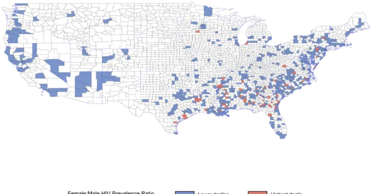 Fig 1. Counties with the top decile of female to male HIV prevalence ratio. Counties in white are excluded from the analysis due to the presence of a correctional facility or because data was suppressed by AIDSVu due to low (<5) HIV case counts among me