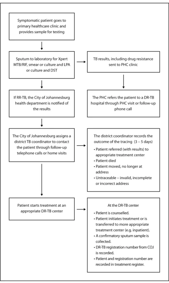 Fig 1. Schematic of the procedures and structures established within district health system for the follow-up of all patients diagnosed with RR-TB.