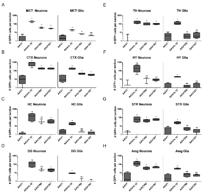 Figure 2.5. Quantitative comparison of neuronal and glial transduction levels for parental and  chimeric capsid variants
