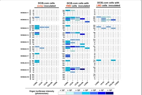 Fig. 7 Heat map of metastasis profile for each woman. The degree of metastasis is depicted usingwere implanted with DCIS alone, four with DICS + HMD and four with DCIS + LMD