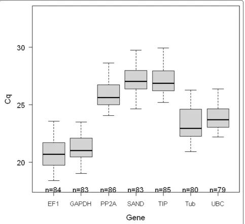 Figure 1 The expression levels of the reference candidates over all treatments. The boxplot graphs show the measured quantification cycles(Cq) for all candidate genes comprising all genotypes (93/1-119, 94/1-30 and 94/1-97), all tissues (leaves, roots and 