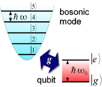 Figure 2.1: Schematic of a two-level atom coupled to a quantised oscillator mode. Figure obtained from [27]
