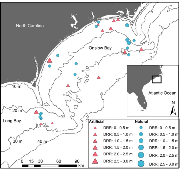 Fig 1. Thirty temperate reefs, including natural (blue circles) and artificial (red triangles) reefs, surveyed on the continental shelf of NC