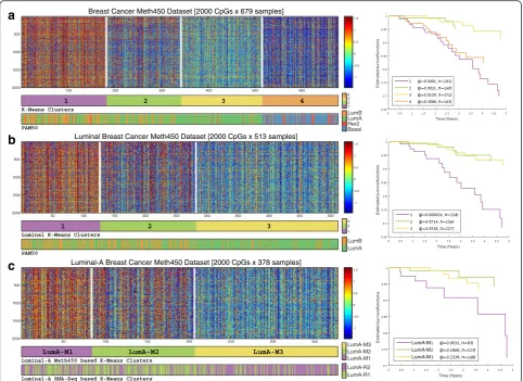 Fig. 5 Unsupervised analysis of breast cancer tumors using DNA methylation data. Samples were clustered by K-Means based on correlation usingbarcthe top 2000 variable CpGs over each sample subset