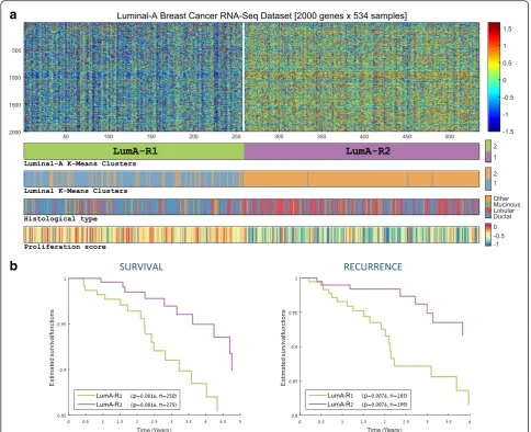 Fig. 3 Unsupervised analysis of luminal-A (LumA) breast samples. a Clustering of 534 RNA-Seq profiles partitions the data into two groups exhibitingdistinct expression profiles