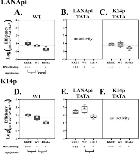 Figure 2.8:  Enhanced DNA Binding by RTA Augments Promoter Activity.  A.  Log LANApi efficiency in  response to increased RTA DNA binding (KKEE RTA) or loss of RTA DNA binding (R161A RTA)