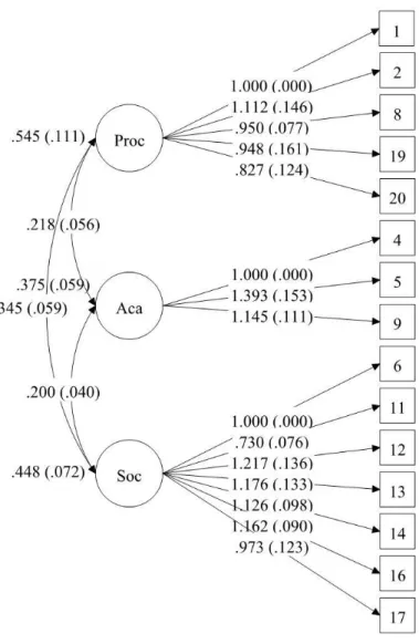 Figure 2. Final CFA calibration model for the SCALE.  Proc represents the Procedural  subscale, Aca represents the Academic subscale, and Soc represents the Social subscale