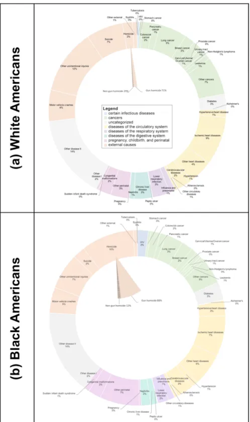 Fig 1. Proportion of potential years of life lost attributable to each of 39 causes of death, stratified by white and black race: United States 2015.