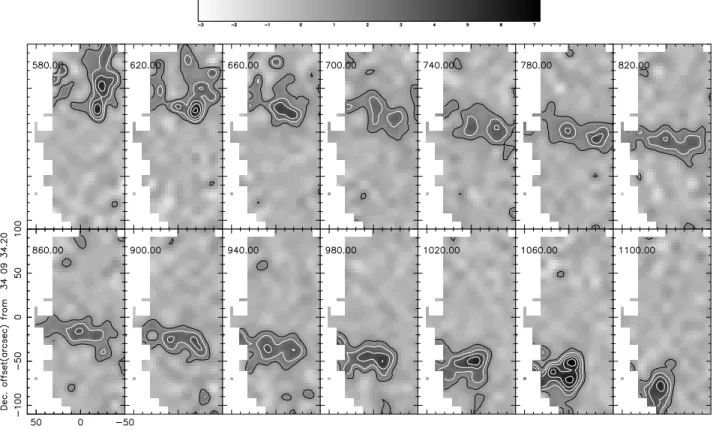 Fig. 3. J=2-1 12 CO channel maps of NGC 7331. Emission is integrated over velocity bins of 40 km s −1 ; central velocities are marked in the panels