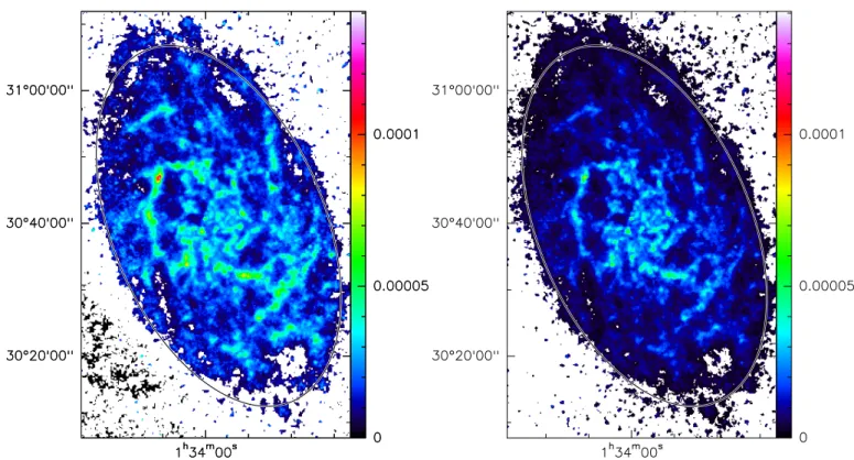 Fig. 1. Dust surface density [g/cm −2 ] maps of M 33 at 25 00 resolution: (left) for a constant β = 2, (right) radially variable β (2−1.3) as derived in Tabatabaei et al