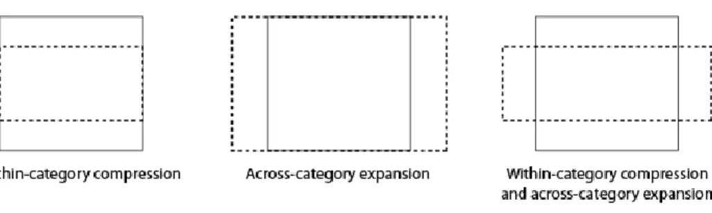 Figure 5. Three hypothetical effects of categorization on the perceptual space in which the vertical dimension is  relevant to categorization