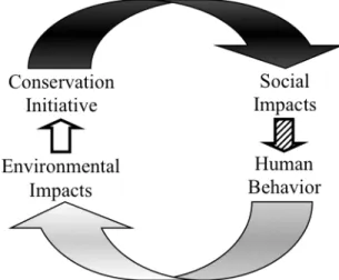 Figure 1.2. Feedbacks between environmental conservation initiatives, social dynamics, and the  environment (black arrow, effect of conservation on the economic, cultural, and political  characteristics of proximate human communities; hatched arrow, behavi