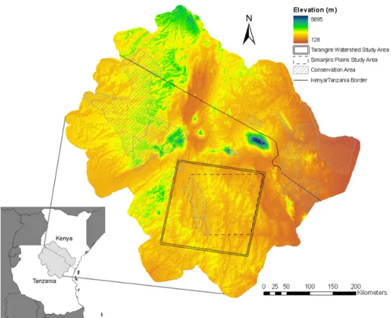 Figure 2.1. Regional study area highlighting the watershed and local scales of analysis and major  conservation areas; see Table 2.1 for information on data sources (regional elevation, water  bodies, administrative boundaries, and conservation areas) 