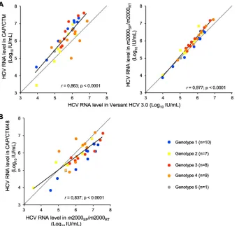 FIG. 4. Correlation between HCV RNA levels measured by CAP/CTM and bDNA (left) and by the m(right) (A), and in CAP/CTM and the2000sp-m2000rt platform and bDNA m2000sp-m2000rt platform (B) in the same samples from group C, consisting of 35 clinical samples 