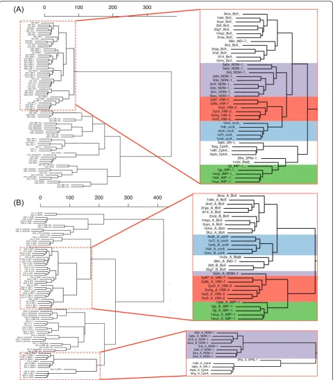 Figure 4 StralCP dendrograms and clusters for MBL-like proteins. Structure-based similarity dendrograms based on substructures of the (A)active site, and (B) linker region, constructed using pairwise average-link Euclidean distances