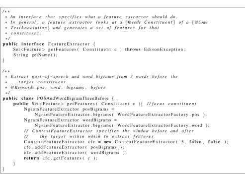 Figure 3: Sample code snippets showing the feature extractor interface and illustrating a feature extractor deﬁnition in EDISON