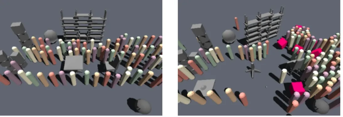 Figure 1.4: Interactive Simulation of Physical Interactions between Agents, Furniture in Office, and User-thrown Obstacles