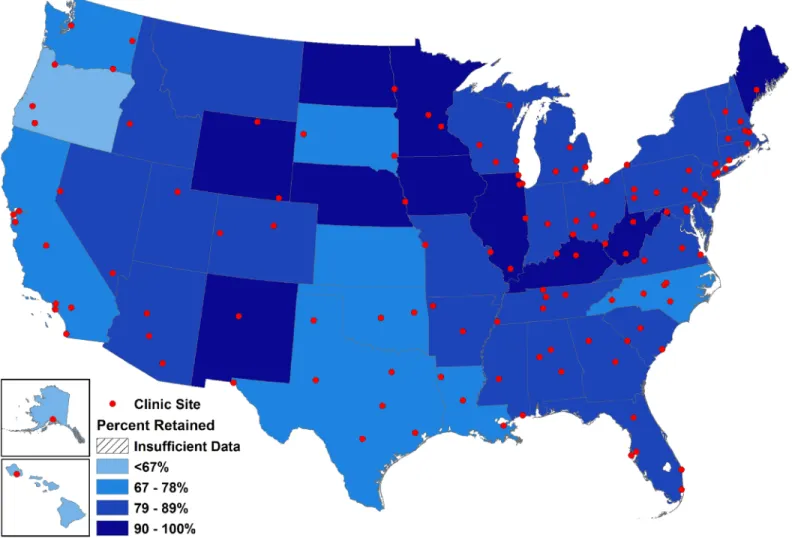 Fig 4. State-level map of observed clinical retention status within the study sample in 2009 (N = 47,247), the final year in which all 12 clinical cohorts contributed data.