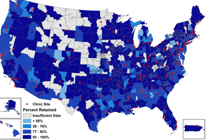 Fig 5. ZCTA-level map of observed clinical retention status within the study sample in 2009 (N = 47,247), the final year in which all 12 clinical cohorts contributed data.