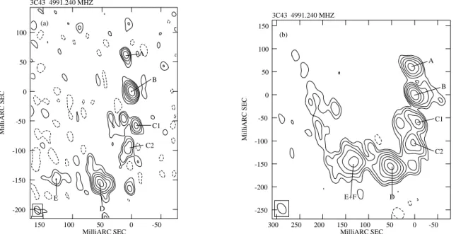 Fig. 4. The bright jet of 3C 43 at 6 cm: a) EVN image (15 × 10 mas); contours: (±2.0 × 2 n , n ≥ 0) mJy/beam; S peak = 0.131 Jy/beam;