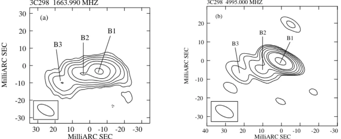Fig. 9. 3C 298 “core” region at 11×5 mas (high) resolution; a) 18 cm image; contours: (−4.0, 2.0×2 n , n ≥ 0)mJy/beam; S peak = 0.147 Jy/beam;
