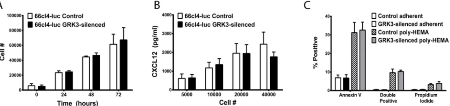 Fig 6. GRK3 deficient and control 66cl4-luc cells secrete soluble CXCL12, proliferate, and undergo apoptosis similarly