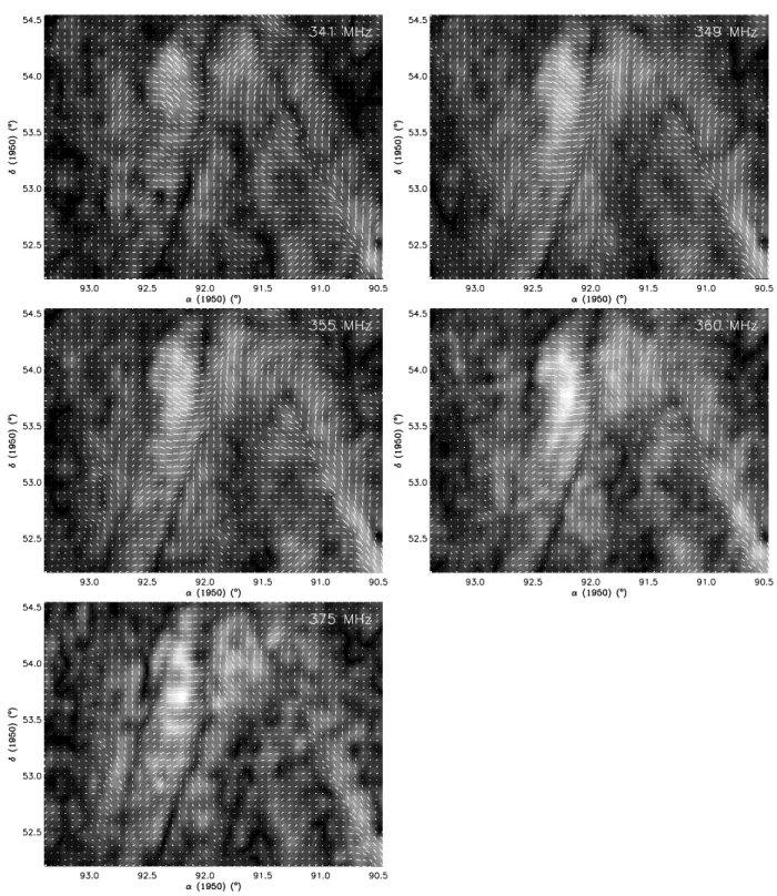 Fig. 3. Five maps of a part of the Auriga region at frequencies 341, 349, 355, 360 and 375 MHz
