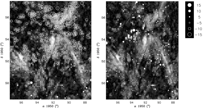 Fig. 5. Rotation measures given as circles with a diameter proportional to the magnitude of the RM, superimposed over P at 349 MHz in grey scale