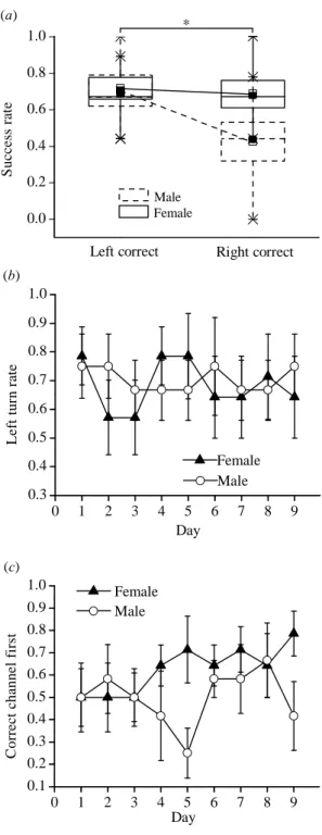 Figure 2.4. The effect of body turn tendency on performance. (a) The effect of initial orientation on  success rate in males and females; left correct refers to trials in which the correct channel was on the  animals’ left side