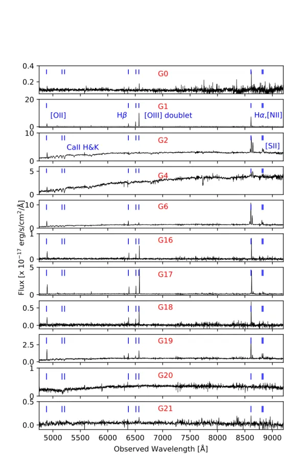 Figure 5. MUSE spectra of the galaxies at the redshift of the log[N (HI)/cm −2 ]=21.71±0.07 quasar absorber (z abs =0.313).