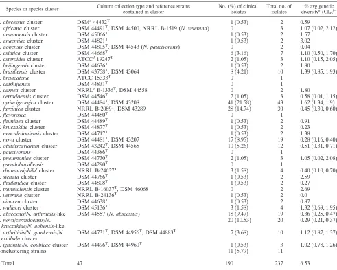 TABLE 1. Nocardia species and species clusters, including the type and reference strains, number of clinical isolates, and average geneticdiversity of the gyrB-16S-secA1-hsp65-rpoB concatenated sequence within each cluster