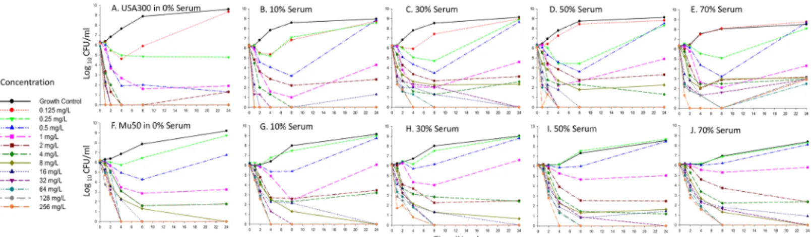 Fig 2 illustrates the observed bacterial killing curves for both strains at all fractions of heat inac- inac-tivated human serum studied, highlighting the concentration-dependent killing activity of