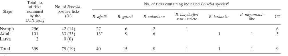 FIG. 1. Total number of ticks, adult ticks (●), and nymphs (�) PCR positive for Borrelia plotted against the number of Borrelia cells per tick.Horizontal lines indicate the median, with upper and lower quartiles.