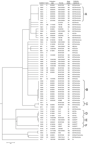 FIG. 4. Generalized tree for 63 S. entericathe fusion algorithm with the weight parameter,isolate designation, collection date, county where the isolate was collected (Washington counties include Adams, Grant, King, Snohomish,Whatcom, and Yakima; Idaho cou