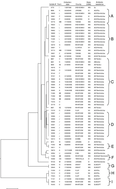 FIG. 5. Dendrogram for 63 S. enterica serovar Newport isolates constructed using UPGMA and a distance matrix obtained using a single-stepstepwise mutation model for VNTR data (MLVA only)