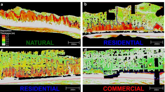Figure 4. Elevation change models depicting the thickness of sediment deposition and the  digitized extent of overwash shown in blue