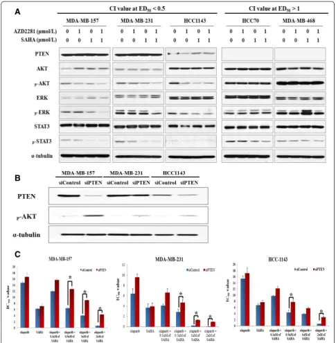 Figure 4 Phosphatase and tensin homolog (PTEN) expression affects the combined effect of olaparib and suberoylanilide hydroxamicacid (SAHA) in triple-negative breast cancer (TNBC) cells